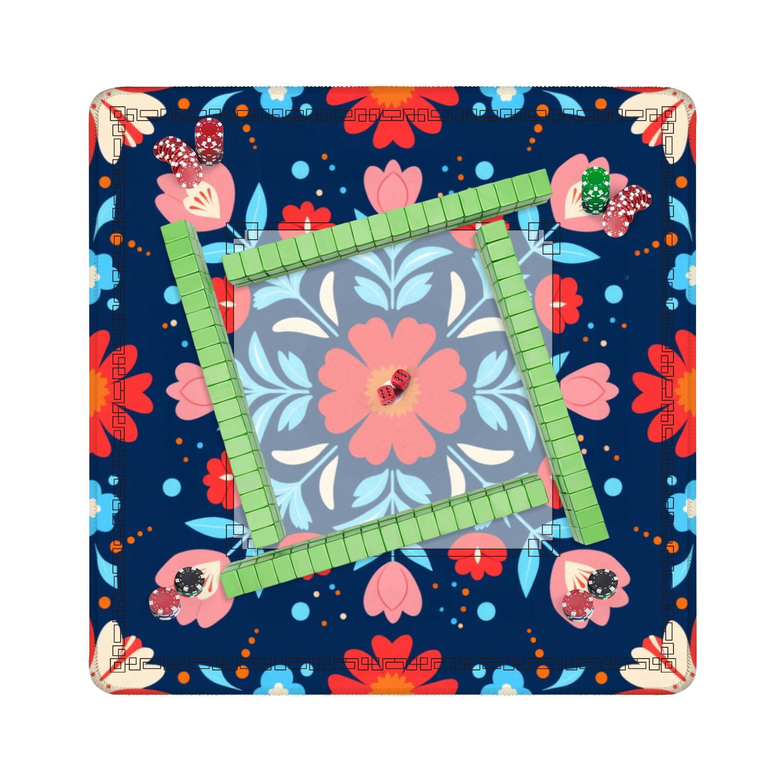 Mahjong Mat 31.5" x 31.5" Symmetrical Floral Folk Red Pink Flowers Dark Blue Non-Slip Noise Reduction American Mahjong Tiles Table Cover for Dominoes Poker Card Board Games Gift