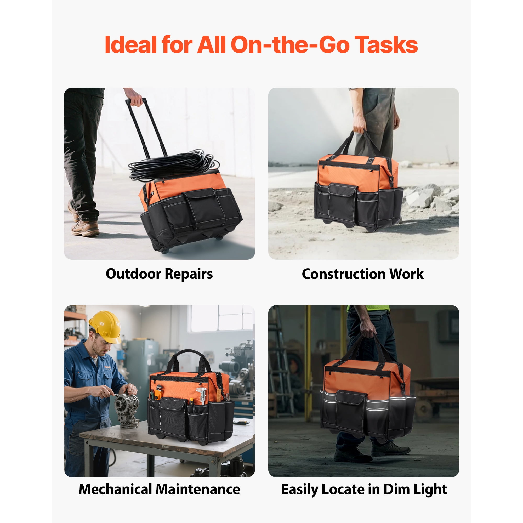 KFFKFF Rolling Tool Bag with 110 lbs Capacity, 27 Pockets, Durable Design with Wheels, Adjustable Handle and Stable Base, Ideal for Construction and Mechanic Tool Organization