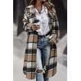 thumbnail image 2 of Women's long flannel plaid jacket Comfortable Lapel button down jacket fluffy windbreaker, brown, X-large, 2 of 6