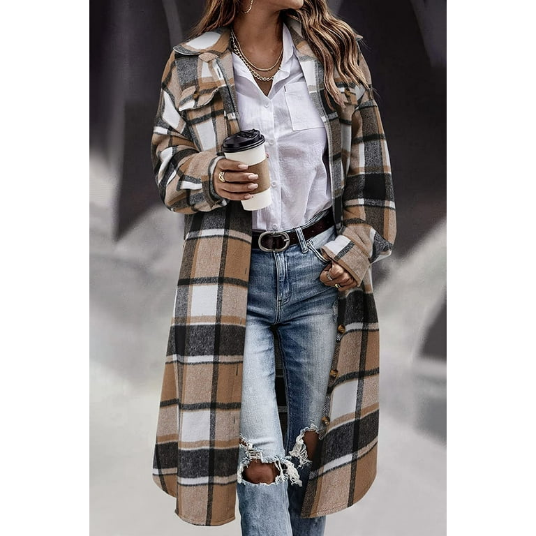 Women's Long Flannel Plaid Jacket Shacket Cozy Lapel Button Down Shirt  Jacket Fuzzy Trench Coat[brown,X-Large]