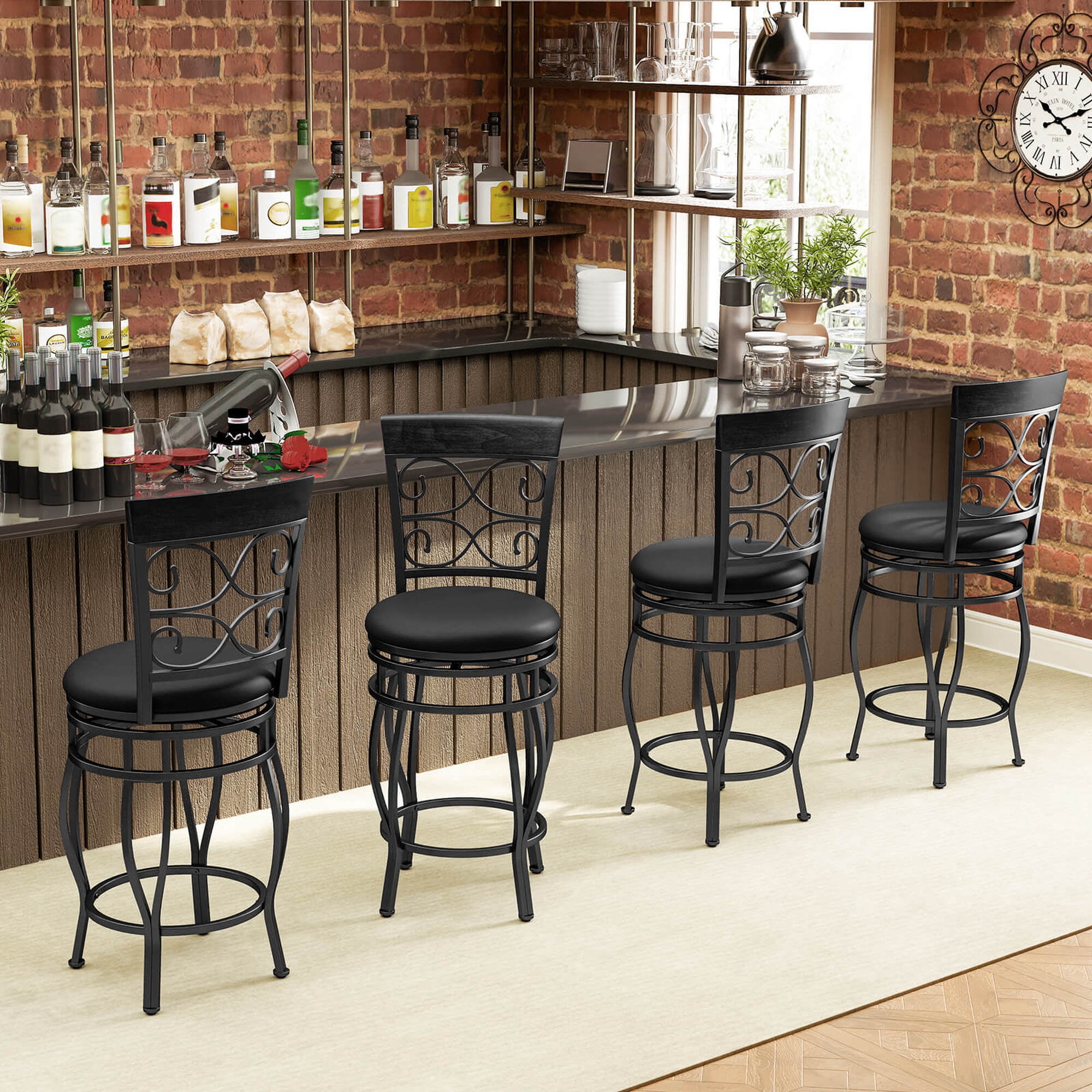 Costway Set of 2 Vintage Swivel Bar Stools 26" Bistro Upholstered Dining Chairs Black
