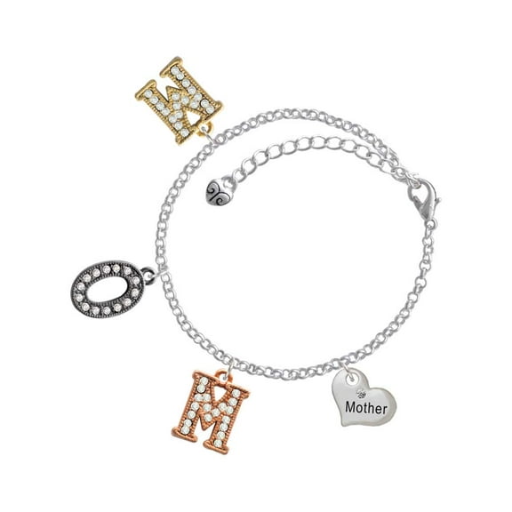 Delight Jewelry Silvertone Small ''Mother'' Heart with Clear Crystal Multi-Colored Crystal Mom Charm Bracelet