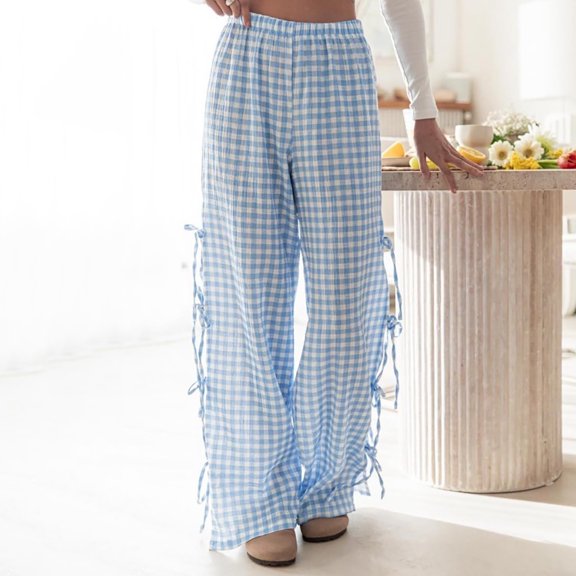 Girl's Pants Little Wide Leg Gingham Elastic Side Tie Plaid Trouser Lace Up Bottoms