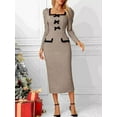 thumbnail image 3 of Women's Houndstooth Bow Square Neck Midi Dress 97% Polyester 3% Spandex for Elegant Professional Look for office wear, 3 of 5