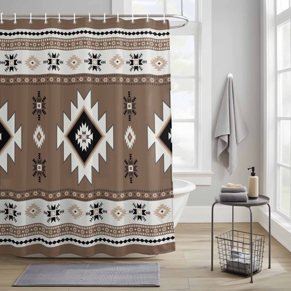 Bathroom Shower Curtain Country Aztec Ethnic Style Waterproof Shower Curtains with Hooks, Boho Stripe Vintage Brown Bath Curtains Bathtub Curtain Home Decor 36x72in