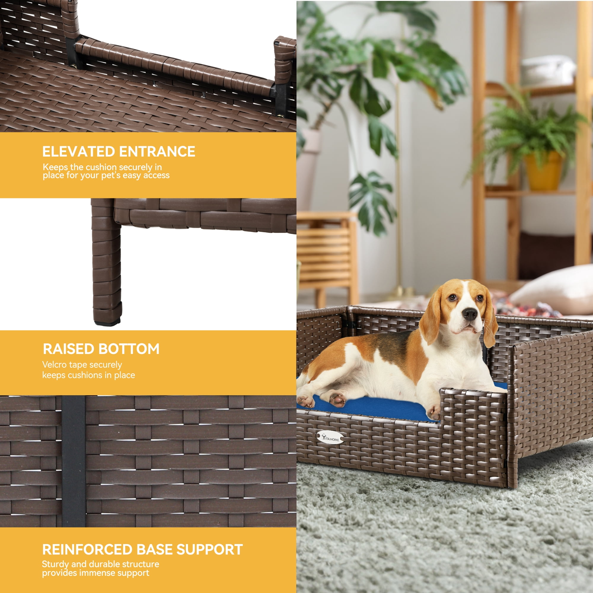 Dextrus Rattan Dog Bed with Blue Cushion, Indoor Outdoor Pet Bed for Small Medium Dogs and Cats,24.8''L*19.7''W*9.8''H,Brown