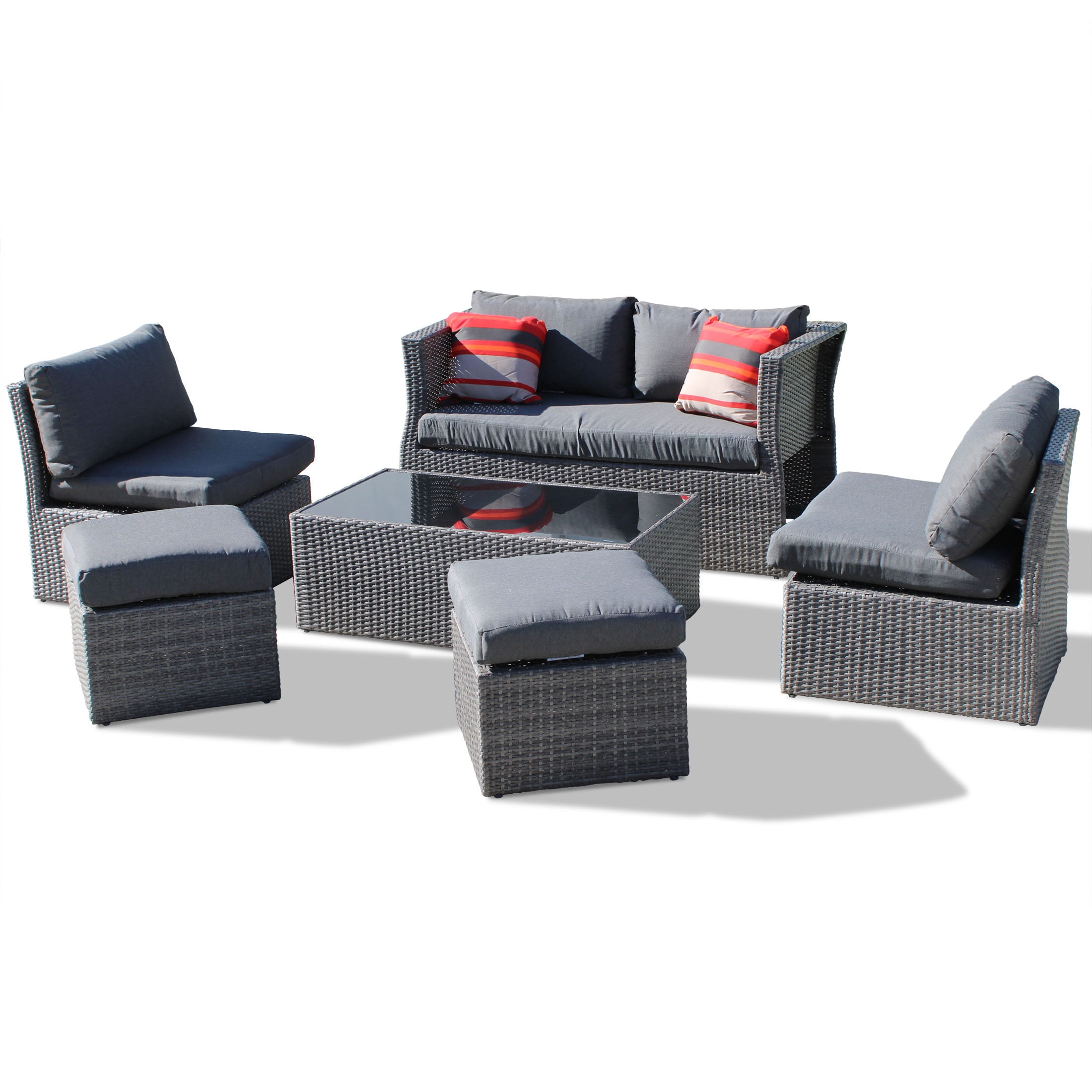 Belle Patio Sunset 6-Piece Wicker Outdoor Patio Furniture Conversation Set with 6 Seats, Tempered Glass Coffee Table & Gray Cushions