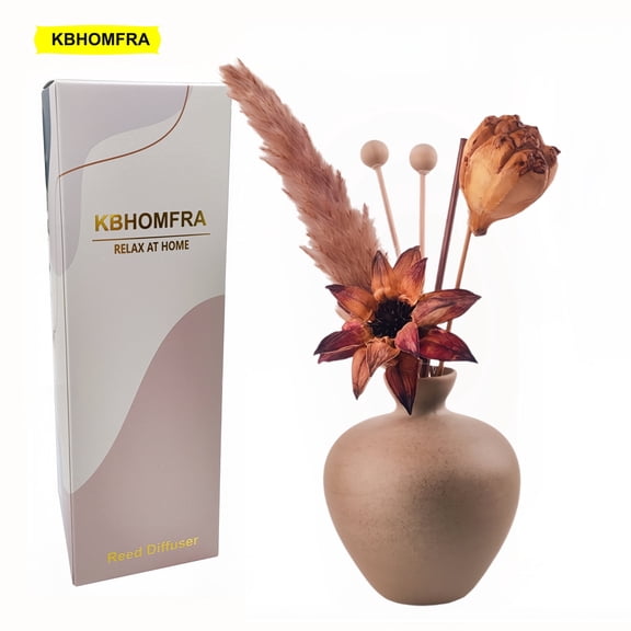 KBHOMFRA Ceramic Vase Reed Diffuser Jasmine Tea Scent, with Dried Flowers. 60ml Aromatic Essential Oil, Decorative Floral for LivingRooms, Bedrooms, and Bathrooms