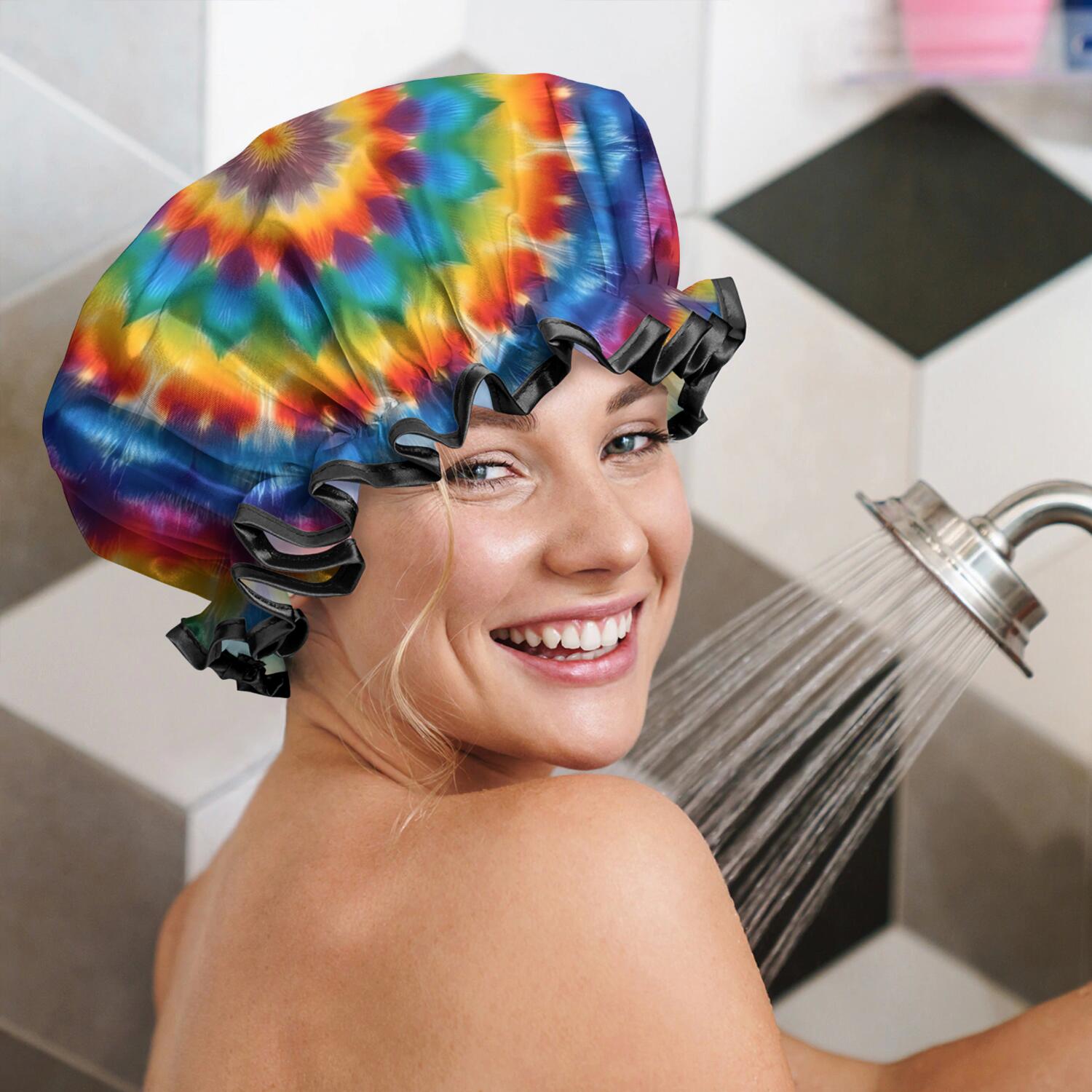 Shower Caps,Colorful Tie Dye Floral Mandala Waterproof Shower Cap for Women 4 Pieces,Double Reusable Hair Cover for Shower PEVA Elastic Stretch Hem