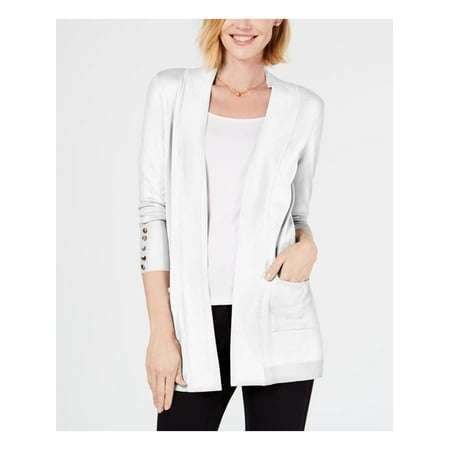 JM COLLECTION Womens White Pocketed Button-cuffs Long Sleeve Open Cardigan Wear To Work Sweater Petites P\M