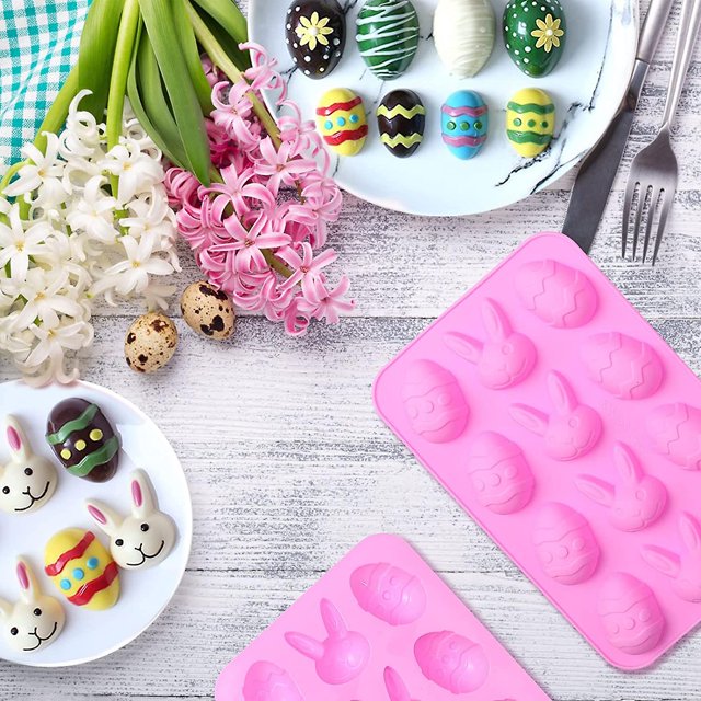 Molde de silicona para huevos de Pascua, 2 piezas, molde de silicona para hornear chocolate en 3D (rosa)