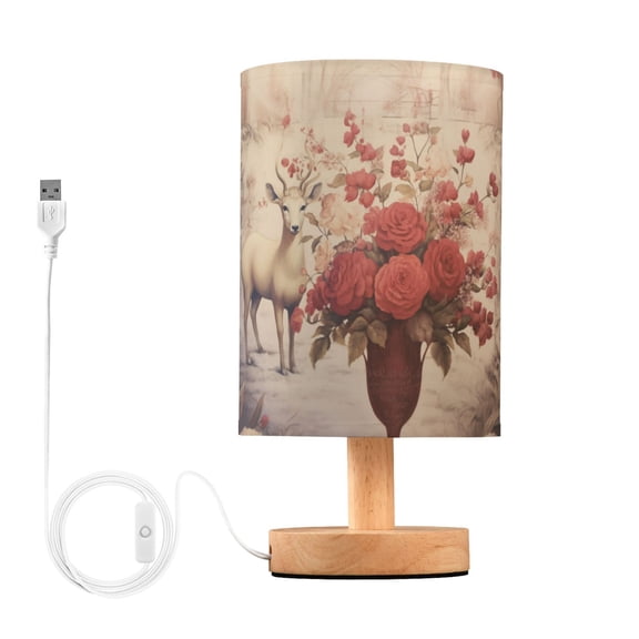 Deer Roses Flowers Skeleton Table Lamp USB Bedside Desk Nightstand Lamp Printed Gifts Small Lamp Wood Base for Bedroom Living Room Kids Room College Dorm