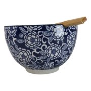 Blue Botanica Floral Blossoms 20Oz Donburi Ramen Soup Bowl With Chopsticks Set