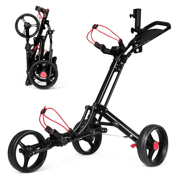Gymax 3 Roues Golf Push Pull Cart Chariot de Golf Pliant W / Poignée Réglable
