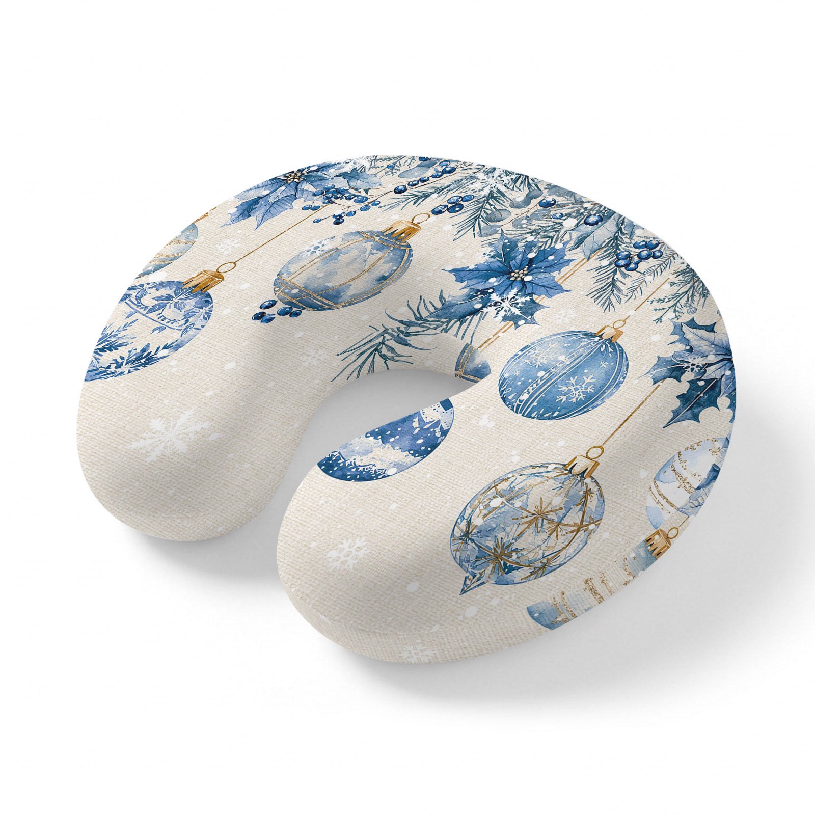 Neck Pillow for Travel Christmas Flower Blue Baubles Memory Foam U Shaped Pillows Portable Headrest Poinsettia Winter Snow Linen Neck Head Support Cushion for Home Office Car Airplane Sleeping
