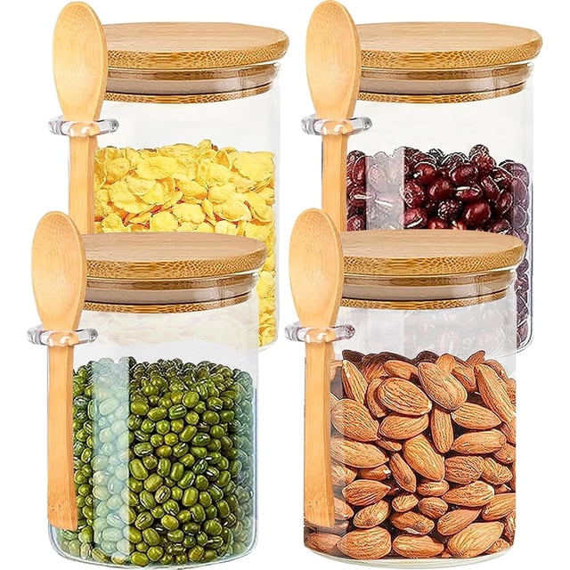 Tarros de Vidrio con Tapa Hermética y Cuchara, 4 Piezas Recipientes Herméticos de Vidrio, Tarro de Comida para Cereales, café, especias, dulces