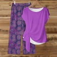 thumbnail image 4 of ClodeEU Women's 2 Piece Outfit,Tie Short Sleeve Crewneck Print Top and Loose Fit Pants ,Casual Solid Color Lounge Set Purple,Womens Plus XL, 4 of 5