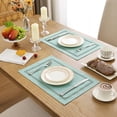 thumbnail image 5 of Placemats Set of 4, Yamaziot Double Layer Cloth Fabric Heat Resistant Place Mat, Washable Reversible Rectangle Dining Table Mats, Hollow Teal, 12"x18", 5 of 7