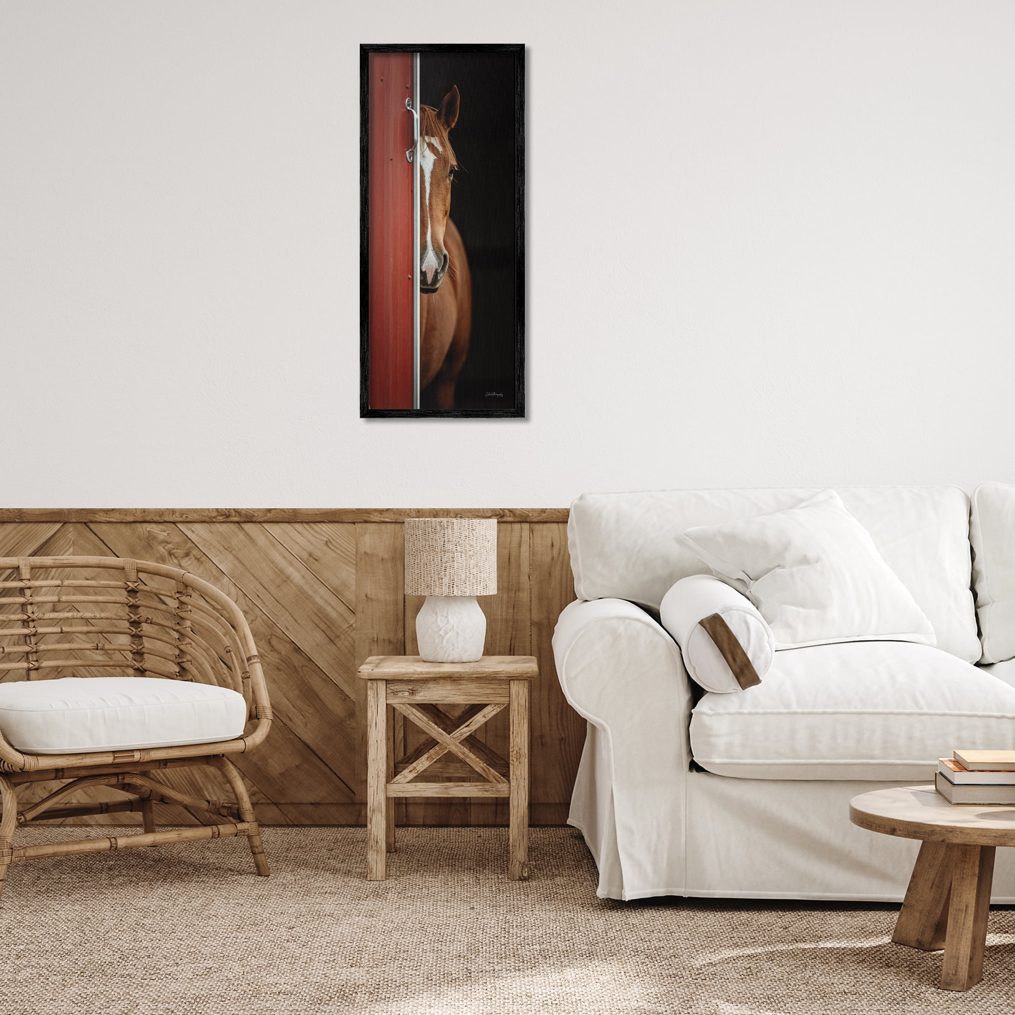 Stupell Industries Brown Stallion Peeking Animals & Insects Photography Black Framed Art Print Wall Art, 13 x 30