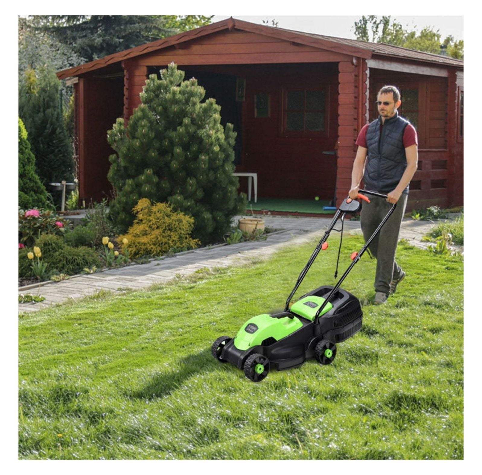 13-Inch Electric Lawn Mower, 8 Gal Grass Collection, 3 Height Settings, Lightweight 15.5LBS Push Mower for Garden, Green