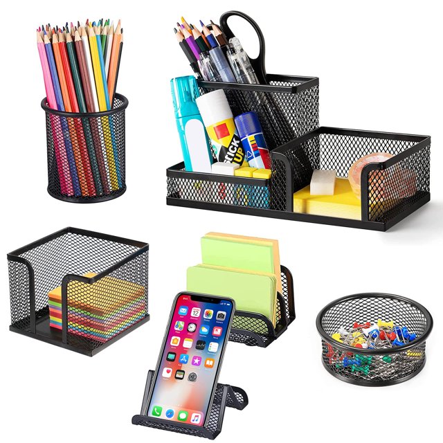 6 Piezas Organizador de Escritorio de Malla,UIEYAKFR Oficina Accesorios para Escritorio Incluyen Porta Lapices de Escritorio,Soporte para Clips de Papel, Soporte para Tarjetas de Visita,etc