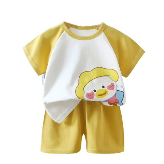 Odeerbi Toddler Boys Girls 2 Piece Outfits Cartoon Cotton T-shirt Shorts Set Summer Clothes Baby Cute Printed Round Neck Short Sleeve Shorts Set Yellow