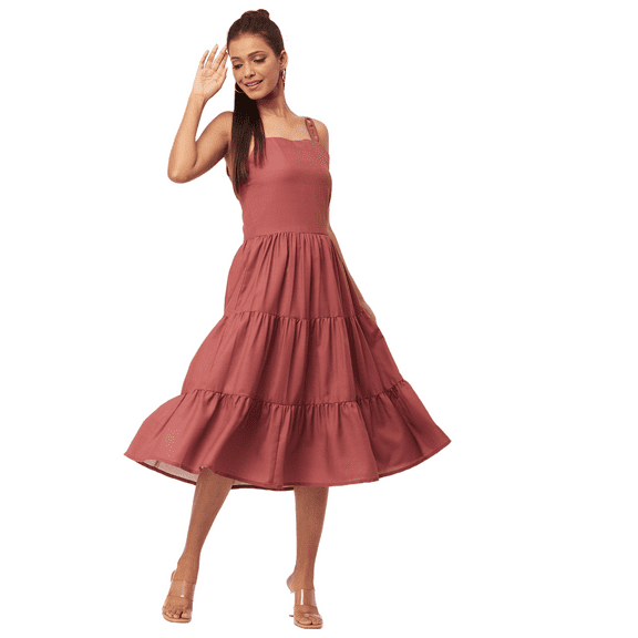 Moomaya Solid Sleeveless Tiered Dress, Strap Dress Summer Midi Rayon Dresses