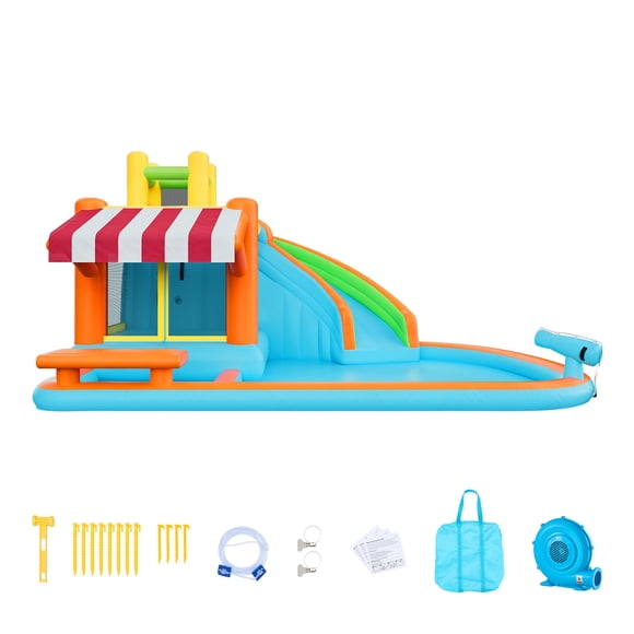 KFFKFF Inflatable Bounce House, 14.9 x 12.8 x 7.8 ft Inflatable Bounce House Water Slide, Bouncer Castle with Castle Bounces, Tall Slide, Splash Pool for 3 to 4 Kids Ages 3 to 8