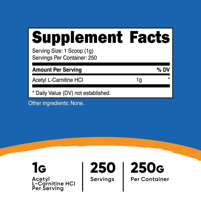 Nutricost Acetyl L-Carnitine Powder 250g, 1g Per Serving, Non-GMO, Gluten Free - Walmart.com Nutricost Acetyl L-Carnitine Powder 250g, 1g Per Serving, Non-GMO, Gluten Free - Walmart.com