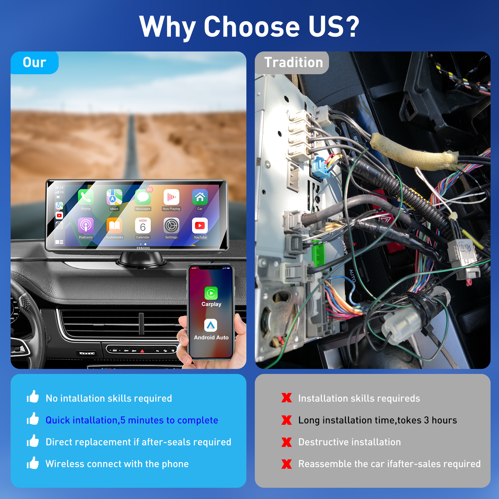 ESSGOO 10.26" Full HD Wireless Car Stereo: Apple CarPlay & Android Auto, Magic Link Screen Mirroring, GPS Navigation, Dual Bluetooth 5.0, AUX/FM Audio – Universal 7-32V for Cars, Trucks, RVs