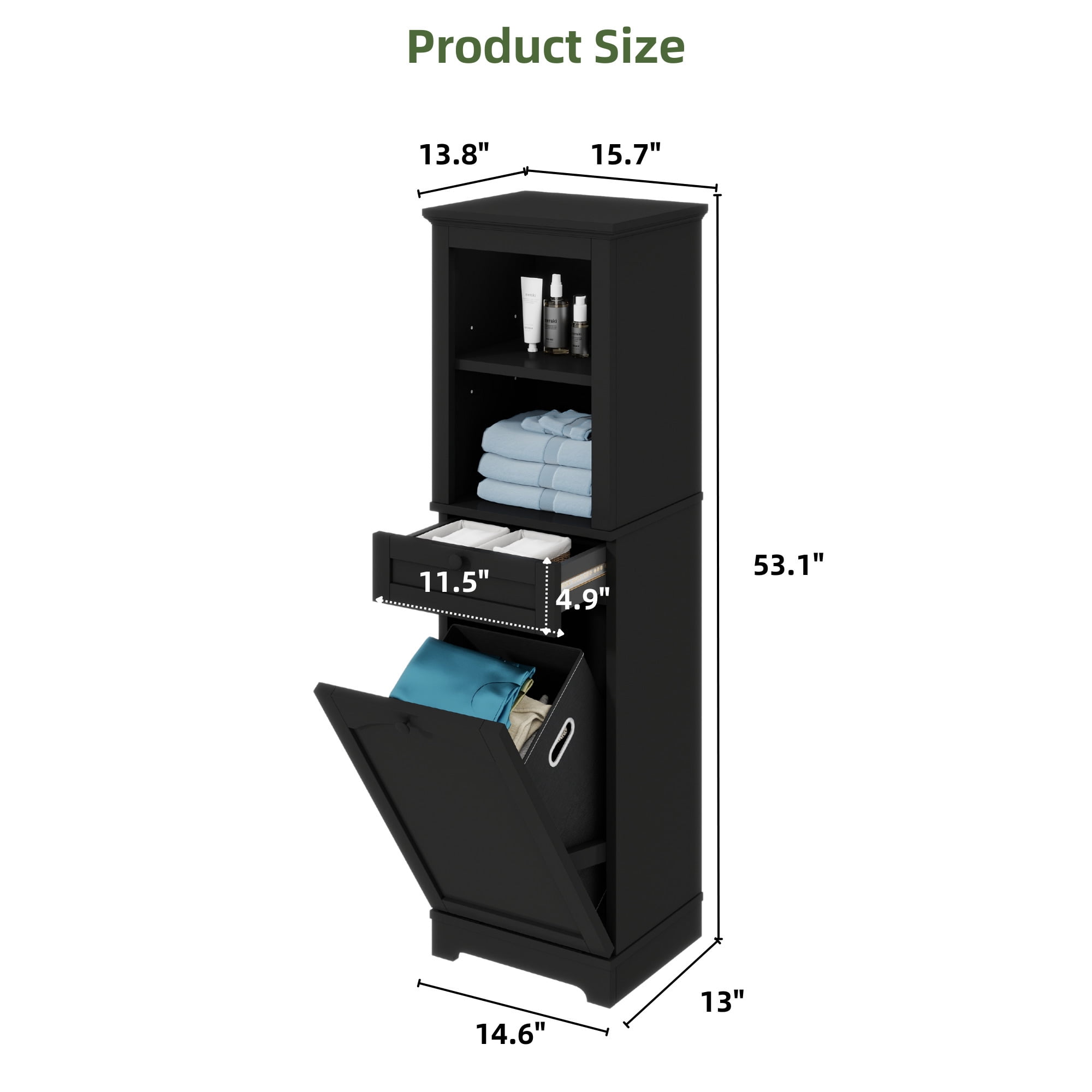 Uforic Bathroom Storage Cabinet with Drawer, Laundry Hamper Cabinet with Basket, Black