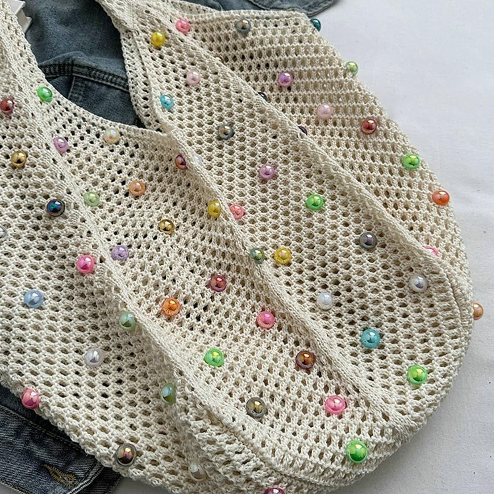 Zhengup Woven Tote Bag for Wineb Crochet Hobo Bags Beaded Shoulder Bag Trendy Knit Hollow Summer Beach Handbag Purse