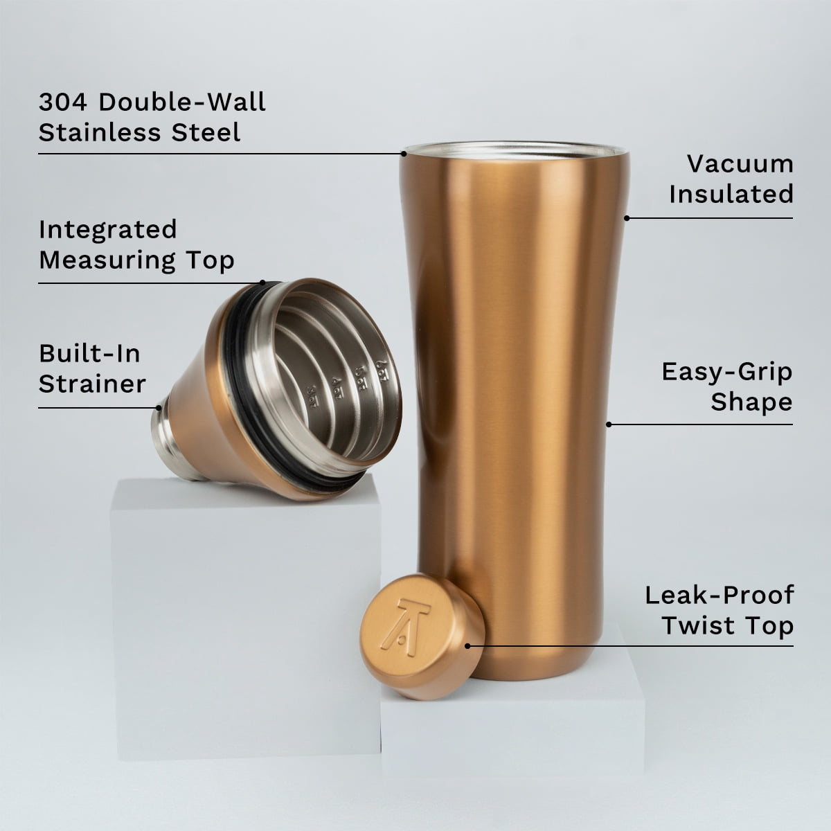 Elevated Craft Hybrid Cocktail Shaker - Premium Vacuum Insulated Stainless Steel Copper Cocktail Shaker - Innovative Measuring System - Martini Shaker for the Home Bartender - 28oz Total Volume