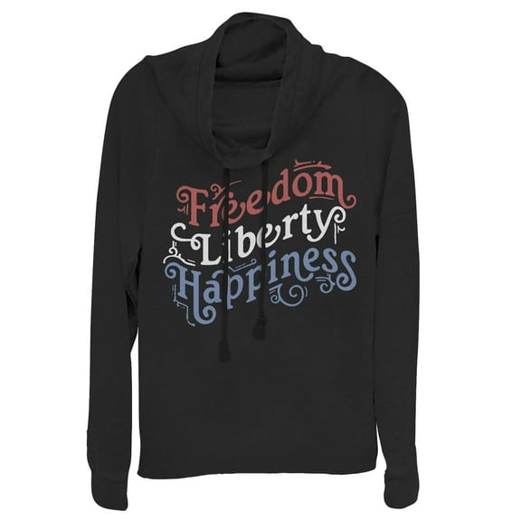 Junior's Lost Gods Fourth of July Freedom Script Cowl Neck Sweatshirt Black Medium