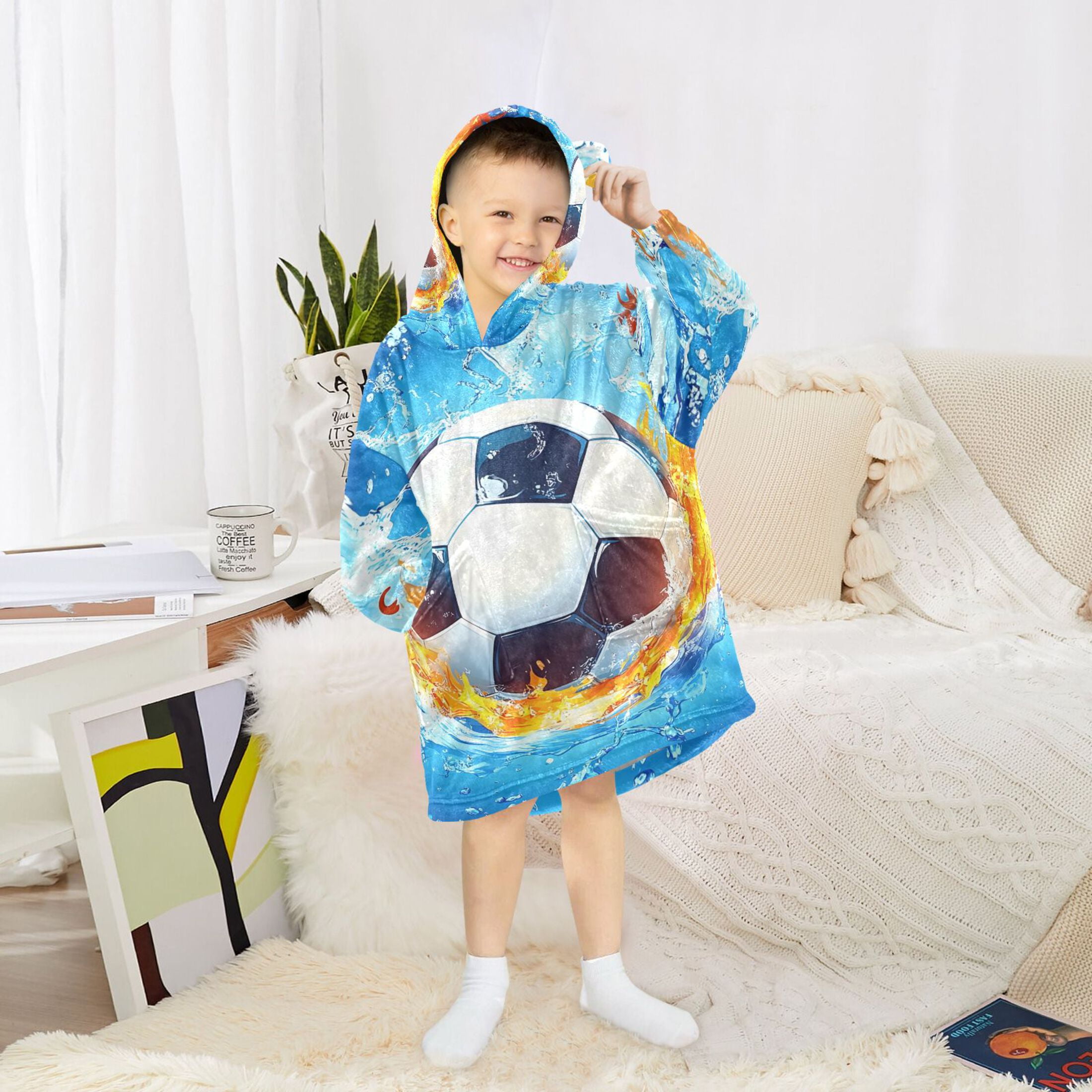 joogoo Wearable Blanket Hoodie Soccer Ball with Flame for Flannel Sherpa Pocket 3-14 YR L