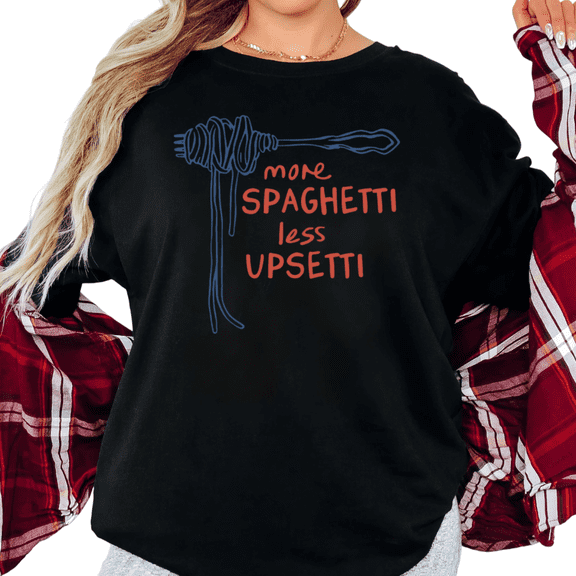 Women's "More Spaghetti Less Upsetti" Funny Food Graphic Casual Tee Short Sleeve Round Neck Top Black S-5XL