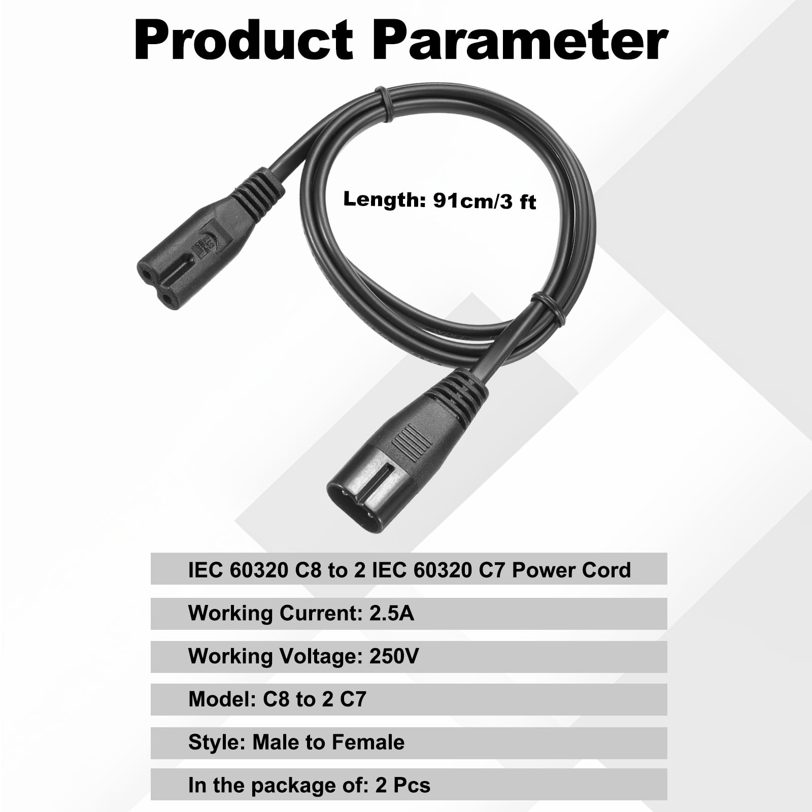 Uxcell 2 Pcs 3 ft IEC 60320 C8 to 2 IEC 60320 C7 Power Cord, 250V 2.5A C8 to 2 C7 Power Extension Cable for PC, Monitor, Power Supplies, Printer, Scanner, Servers