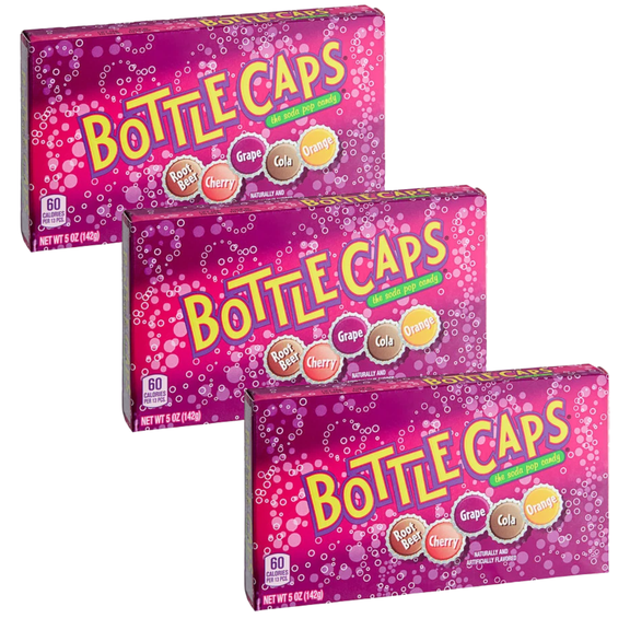 (3 pack) Bottle Caps, Soda Pop Flavored Candy, Theater Box, Each 5 oz.