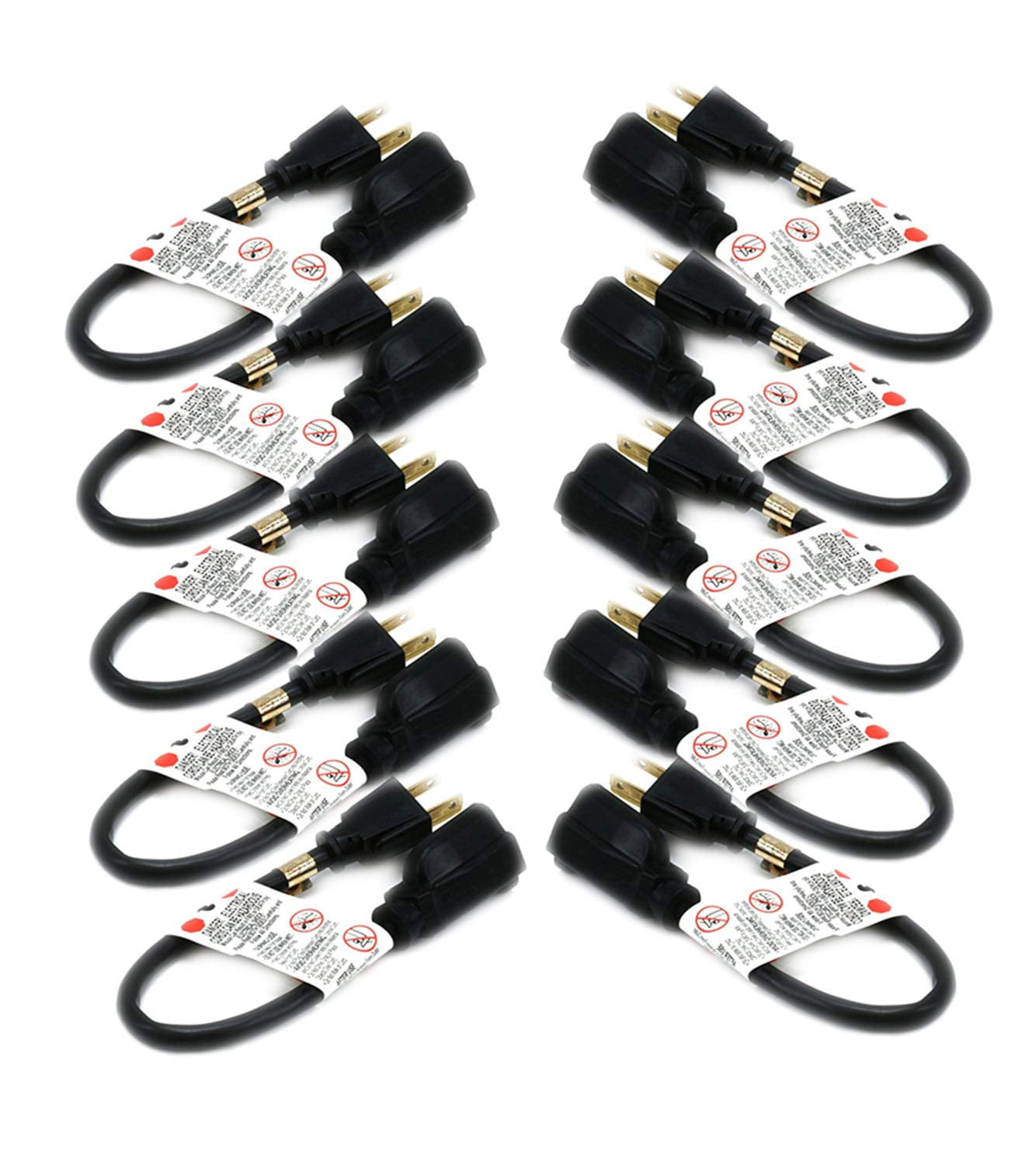 18 AWG Outlet Saver Power Extension Cord - 1 Feet - 10 PACK