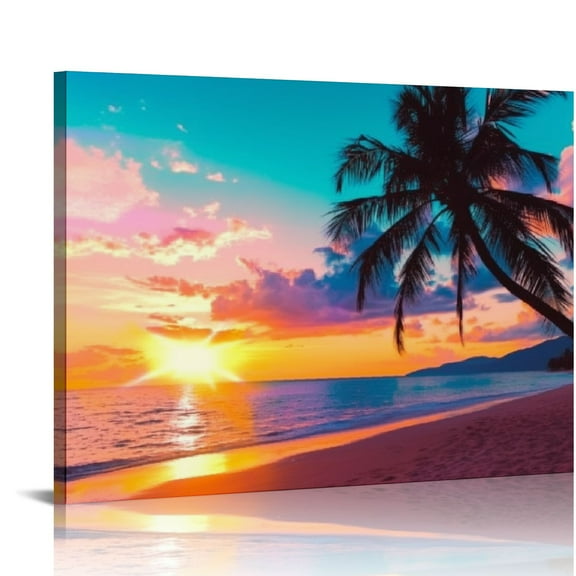 Orinice Beach Palm Tree Wall Art Ocean Decor Coastal Sunset Wall Art Tropical Landscape Pictures for Living Room Seascape Poster Bathroom Canvas Nature Painting Modern Artwork Bedroom Home 20x16in