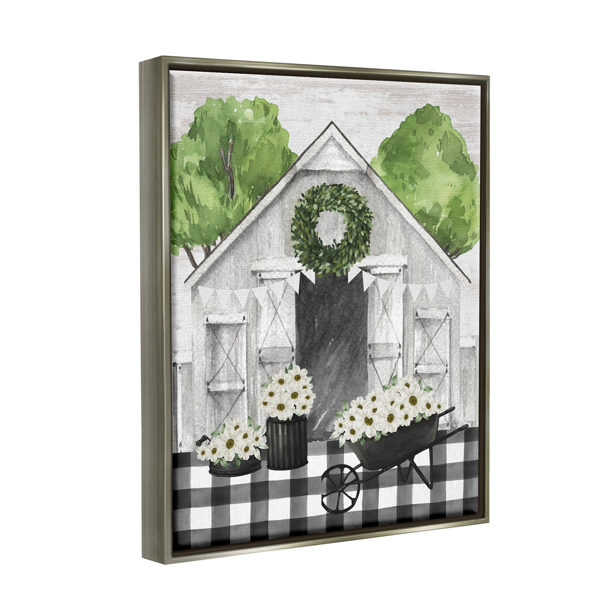 Stupell Industries Plaid Barn with Floral Wagon Botanical & Floral Painting Gray Floater Framed Canvas Art Print Wall Art, 17 x 21