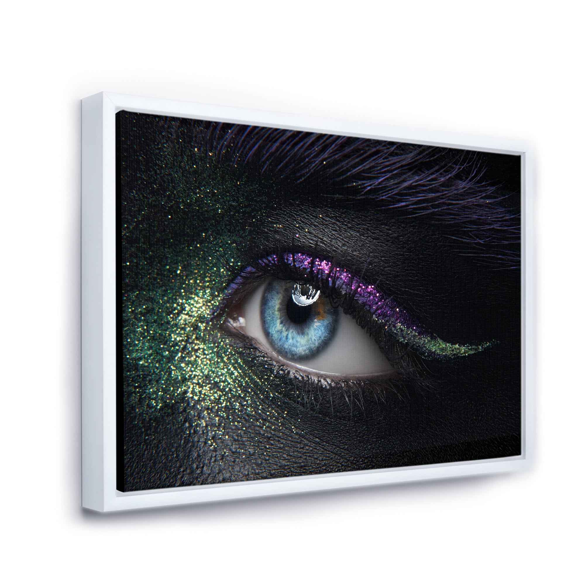 Designart 'Woman Eyes With Green & Purple Pigment & Sparkles' Modern Framed Canvas Wall Art Print
