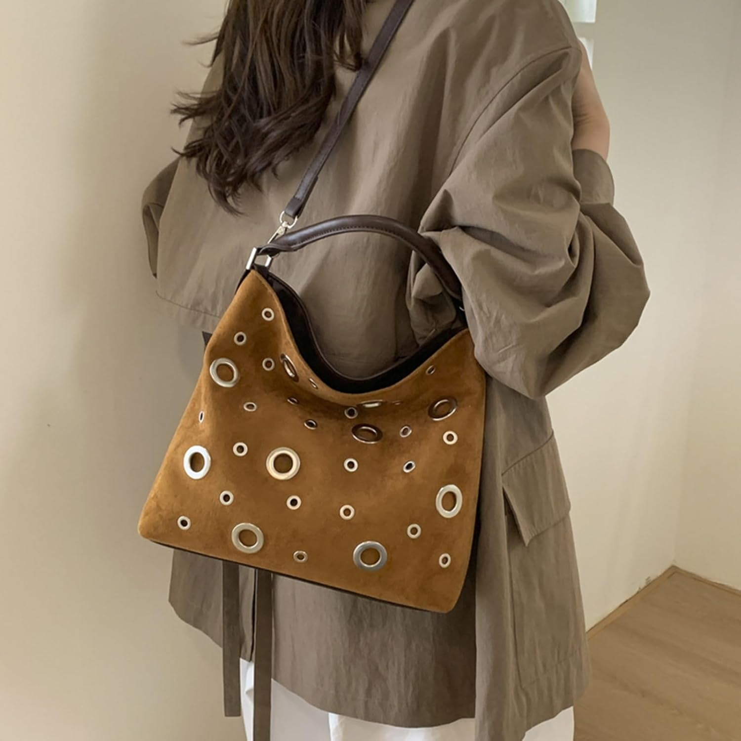 SPEKSEE Suede Hobo Bag for Women Studded Grommet Crossbody Tote Vintage Slouchy Shoulder Handbag Stylish Fall Purse