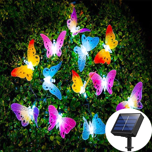 Guirnalda de luces solares con forma de mariposa para decoración de jardín, luz solar para exteriores, luz multicolor de cuento de hadas con forma de mariposa, ideal para decoración navideña de verano