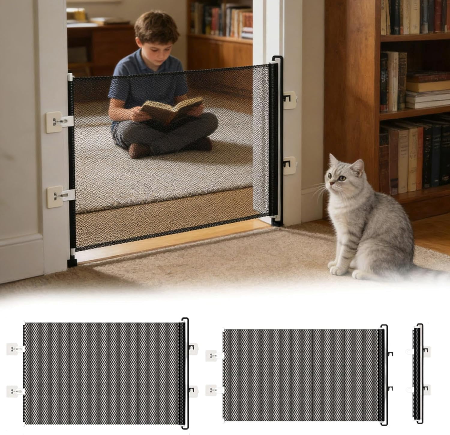 Retractable Mesh Gate for Pets, No-Drill Doorway Fence, 49 x 17 Inch