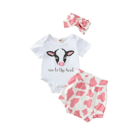 

Calsunbaby Kids Summer Outfit Cow Letter Print Short Sleeve Romper Cow Grain Shorts Bow Headband Set