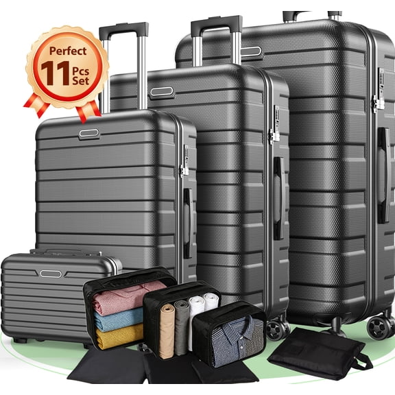 11 Piece Luggage Sets & Packing Cubes, Hardshell Suitcases Travel Luggage with Wheels, Carry On Luggage & Checked Luggage, ABS Suitcase Set, Black