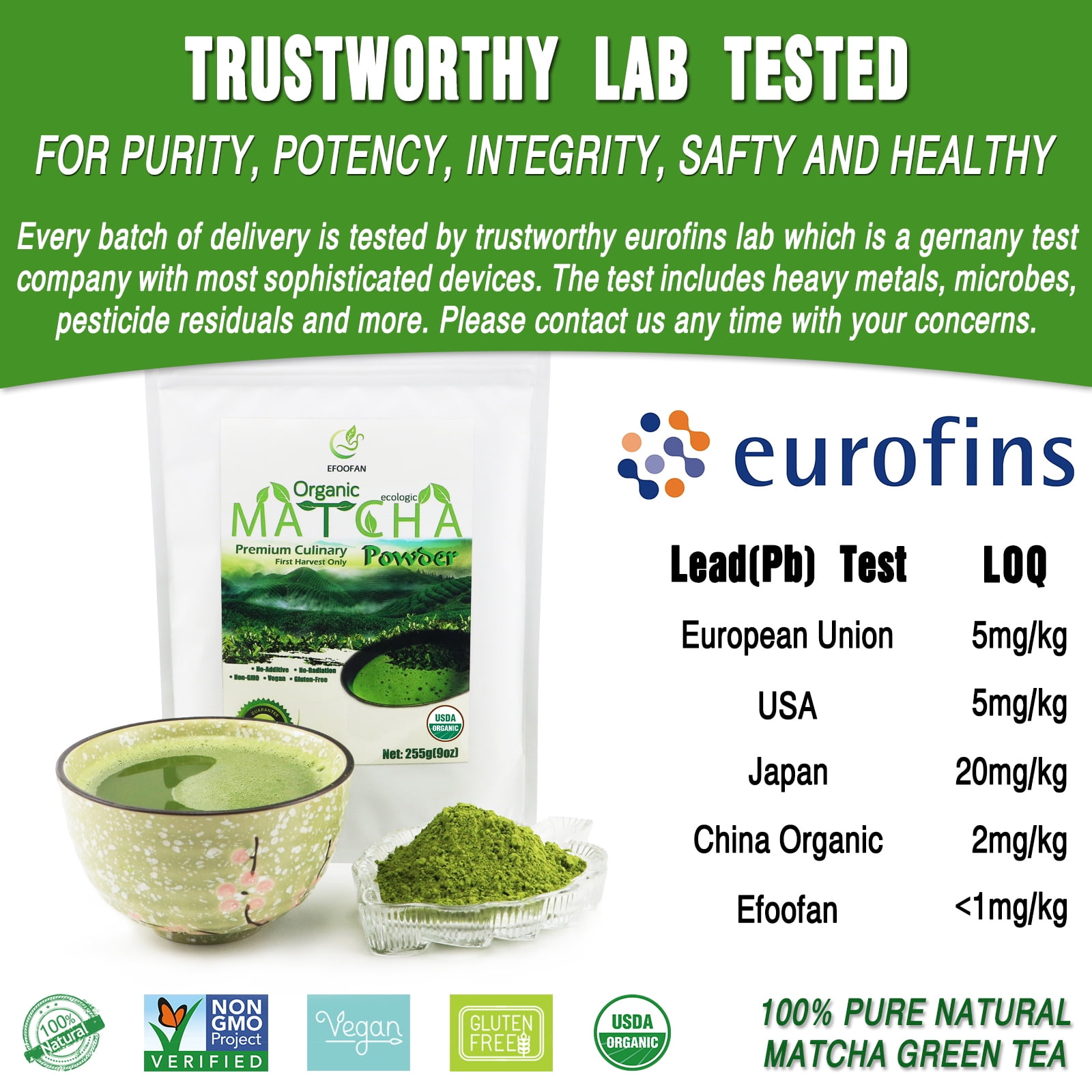 Organic Premium Culinary Matcha Green Tea Powder, 255g(9oz), First Harvest & Tencha Style by EFOOFAN