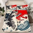 thumbnail image 2 of Feelyou Kawaii Cat Kitten Bed Sheets for Teens, Tokyo Ocean Waves King Sheets, Retro Japanese Style Sheet Set, Lightweight Room Decor, 4pcs, 2 of 7