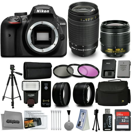 Nikon D3400 DSLR Camera with AF-P DX 18-55mm VR and 70-300mm Lenses + 32GB 15PC Accessory Bundle Kit